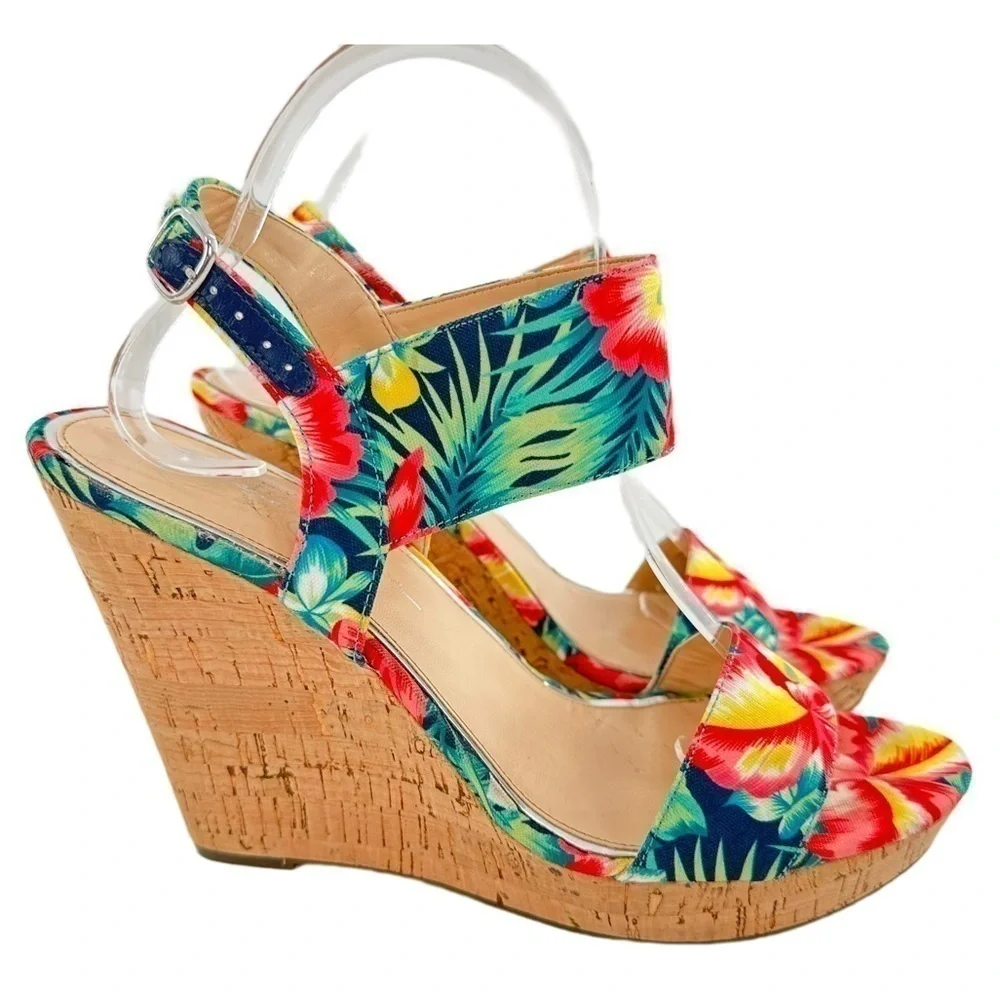 Jessica Simpson Jeisha sandals 10 40 multicolored floral tropical cork wedges